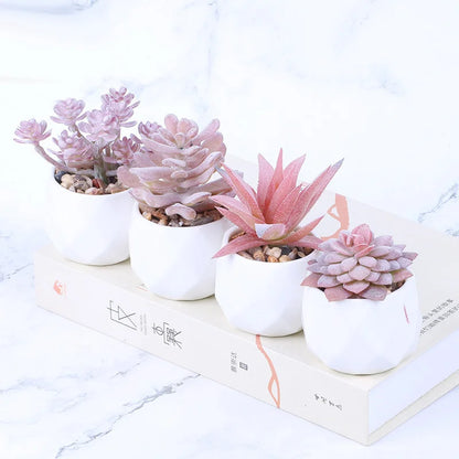 Pink Flocking Artificial Succulents Plants With Pot