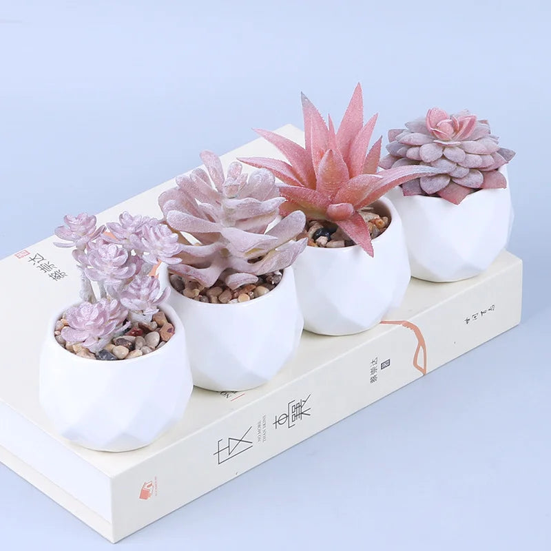 Pink Flocking Artificial Succulents Plants With Pot