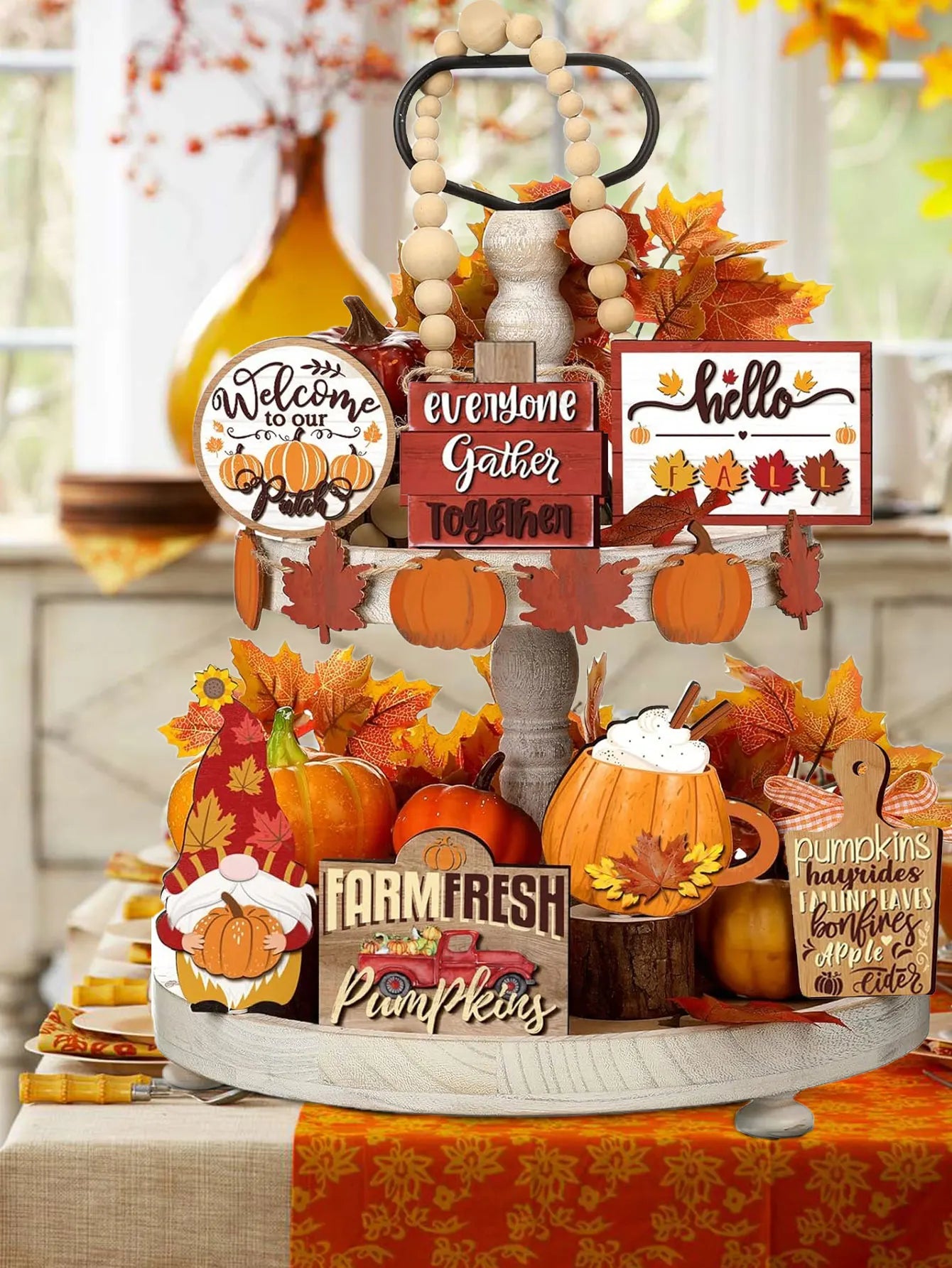 Fall Harvest Wooden Tiered Tray Decor Set